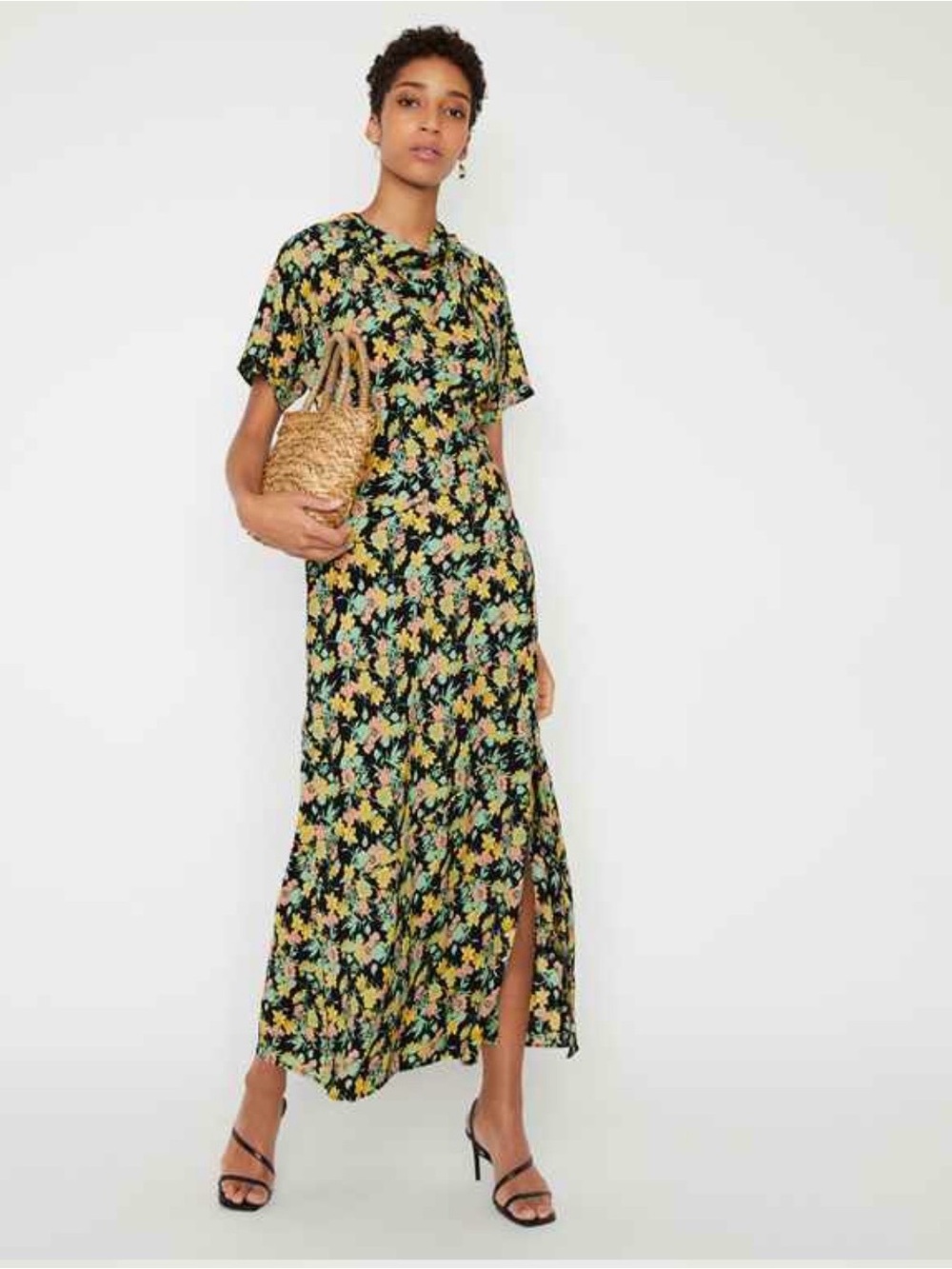 Warehouse cowl neck Short-Sleeve Midi Dress with Side Slit - Black Floral